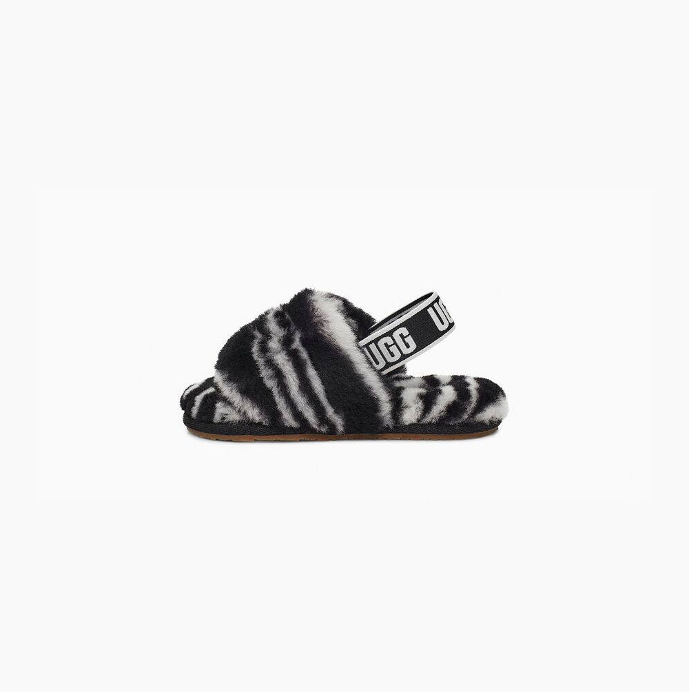 UGG Fluff Yeah Badtofflor Zebra Sandaler Barn Svarta Vita | H6217MUG