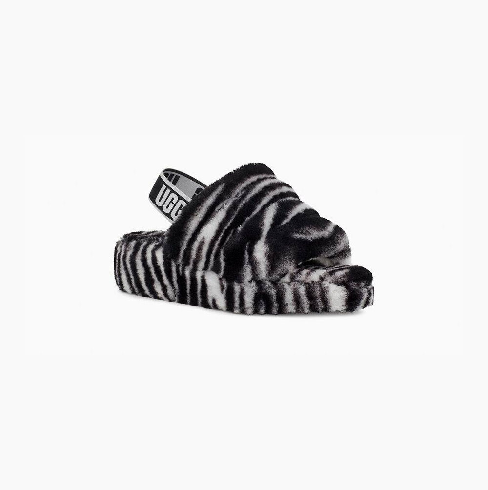UGG Fluff Yeah Badtofflor Zebra Sandaler Dam Svarta Vita | LWPWJVI0