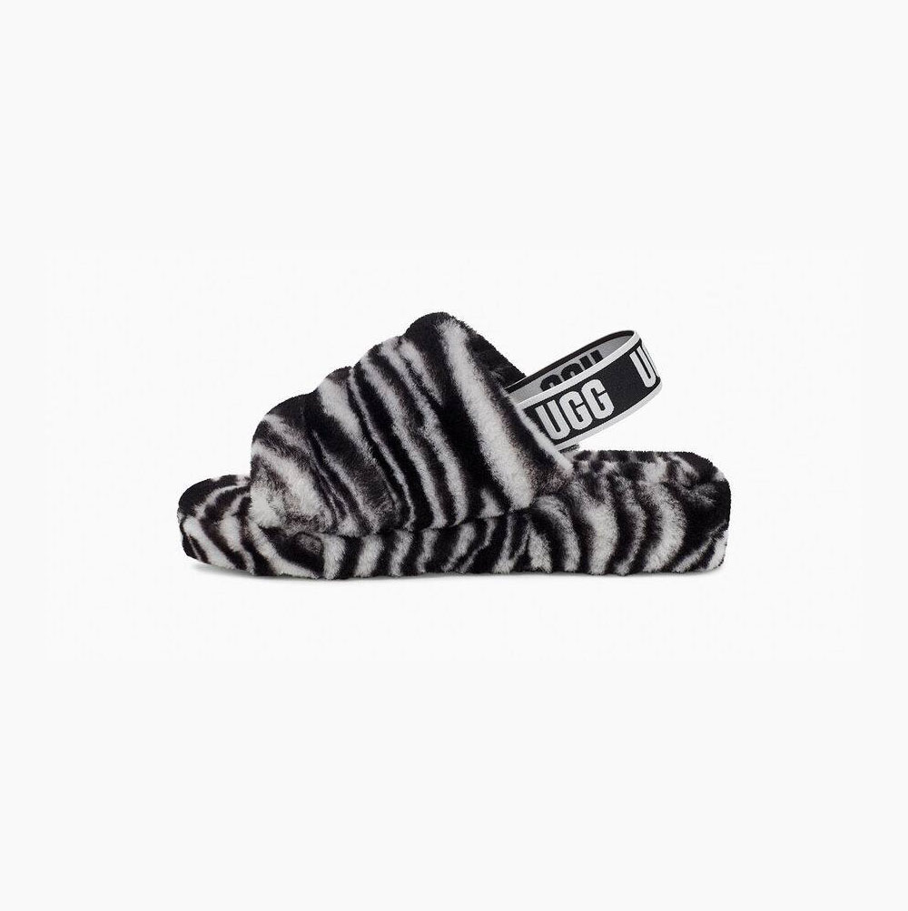UGG Fluff Yeah Badtofflor Zebra Sandaler Dam Svarta Vita | LWPWJVI0