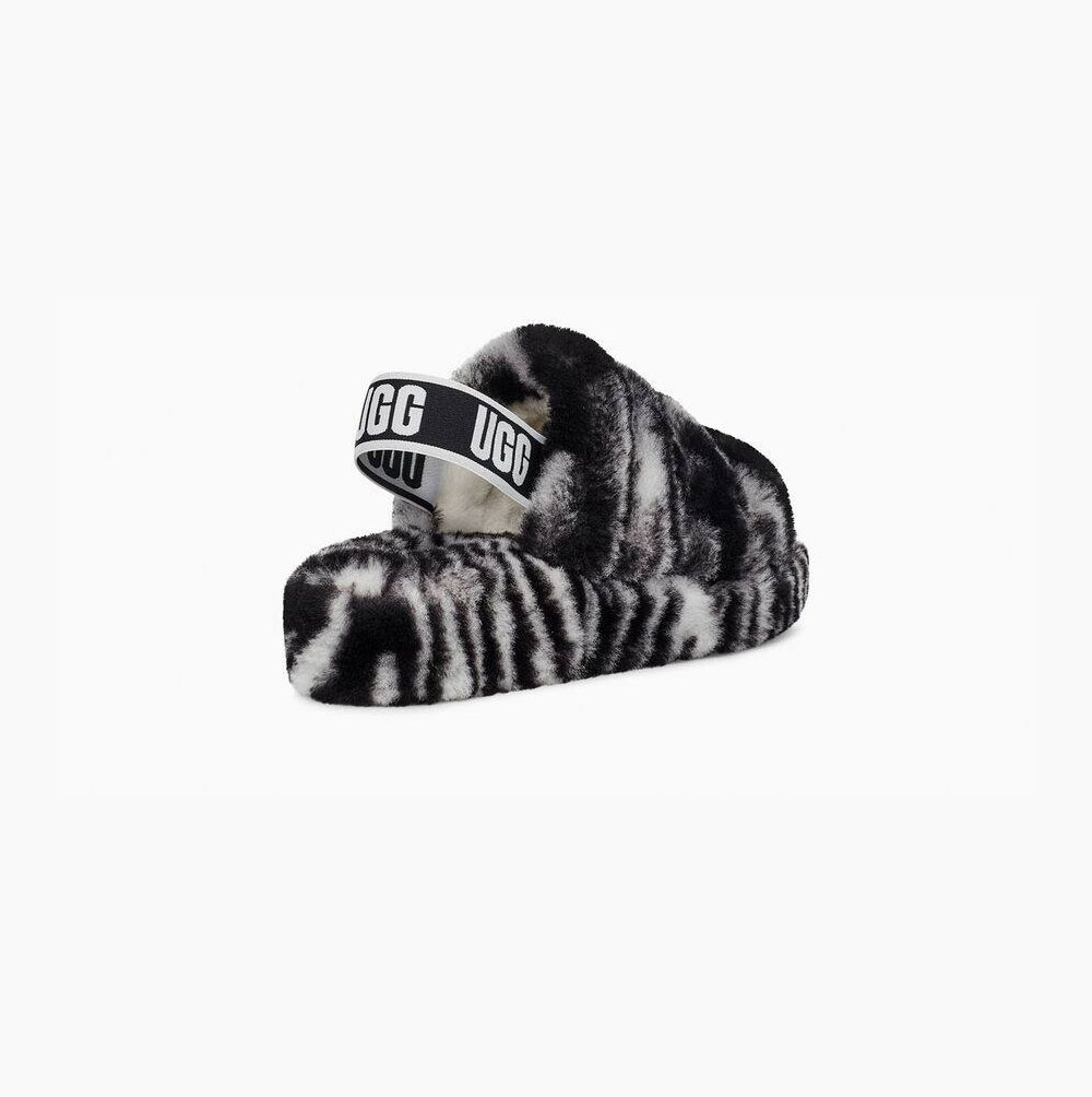 UGG Fluff Yeah Badtofflor Zebra Sandaler Dam Svarta Vita | LWPWJVI0