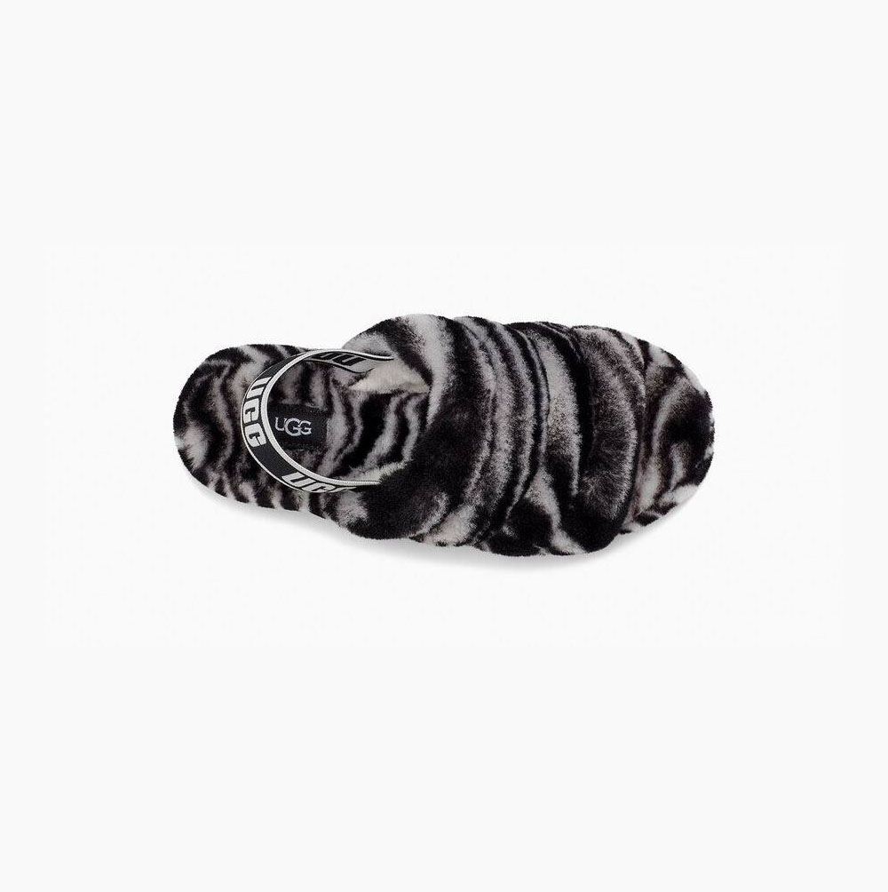 UGG Fluff Yeah Badtofflor Zebra Sandaler Dam Svarta Vita | LWPWJVI0