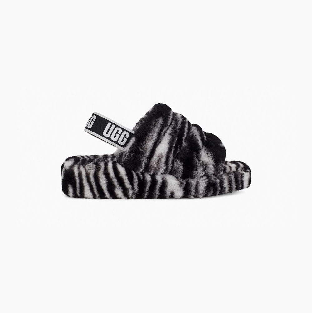 UGG Fluff Yeah Badtofflor Zebra Sandaler Dam Svarta Vita | LWPWJVI0