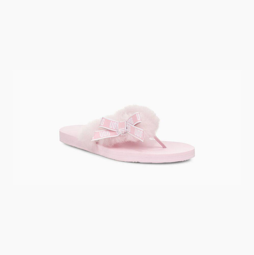 UGG Sunset Tryck Fur Flip Flop Dam Grå Rosa | 08JCT6GR