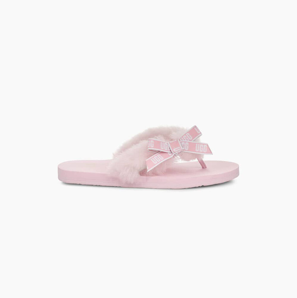 UGG Sunset Tryck Fur Flip Flop Dam Grå Rosa | 08JCT6GR